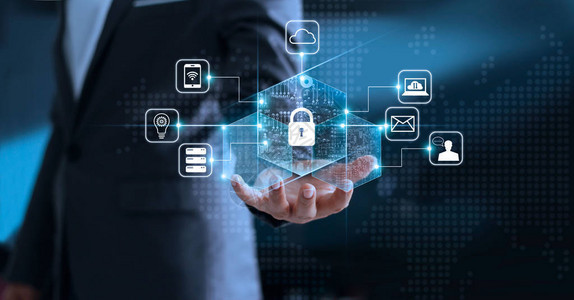 数据保护隐私概念GDPR欧盟网络安全网络保护他的数据个人信息的商人挂锁图标和虚拟接口蓝色背景上的互联网图片