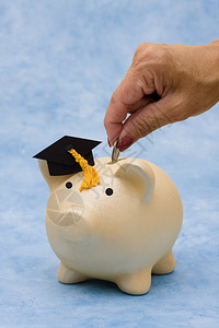 蓝背景毕业上限的猪头银行教育储蓄图片