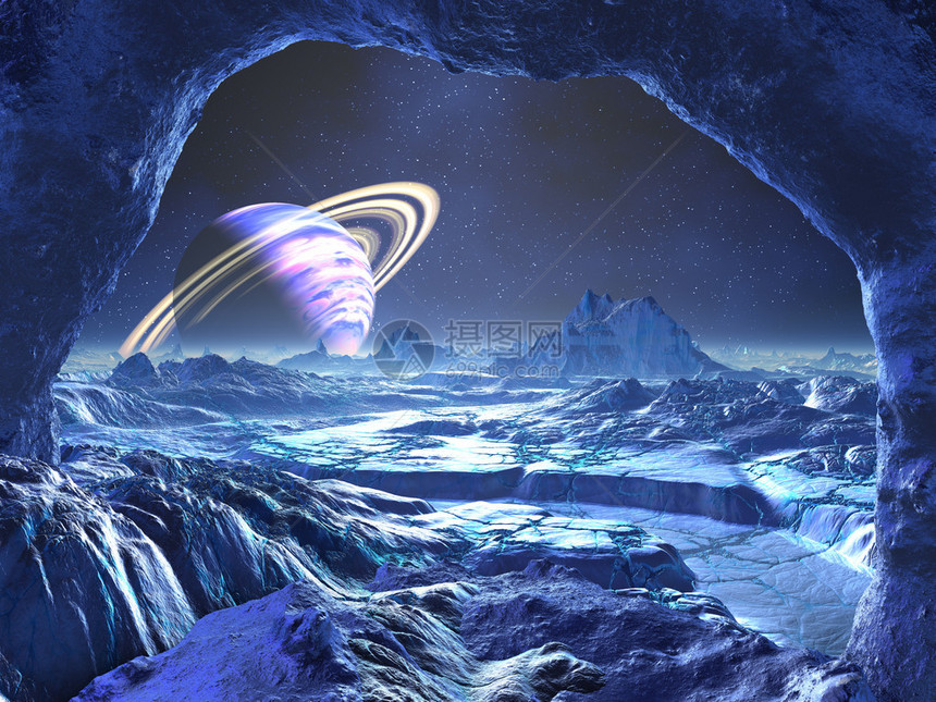 从巨大的洞穴穿过一个充满活力的蓝色外星人景观到一个环状图片