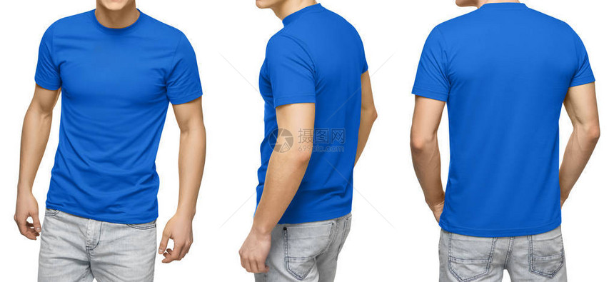 身穿空白蓝色T恤的年轻男图片