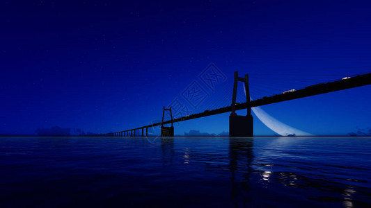 松布里尼亚在清澈的蓝天上的夜桥3D渲染设计图片