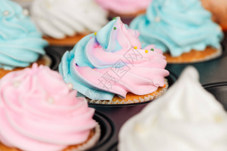 紧贴着美味的蓝色和粉红纸杯蛋糕装饰在蛋糕盘图片