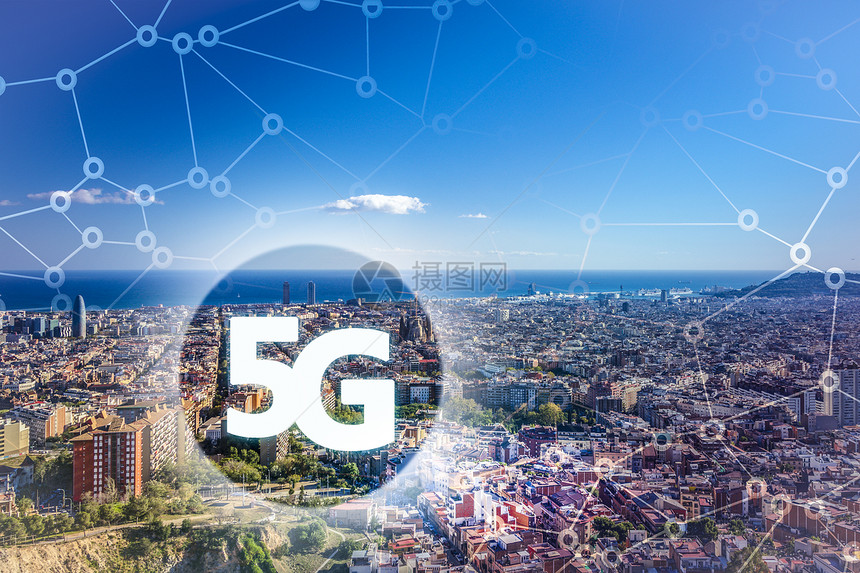 5G与巴塞罗那和地中海背景的数字复合5G世界图片