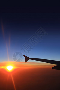 窗外的日落天空和飞机翼景观图片