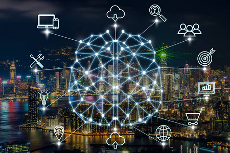 具有各种智能城市物联网技术图标的人工智能的多边形大脑形状图片