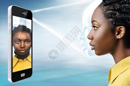 以非洲女脸部面孔识别技术概念为光束的智能图片