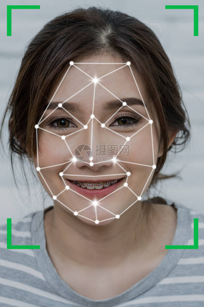 妇女面孔的探测和识别生物测量核查计算机视觉和人工智能概念图片