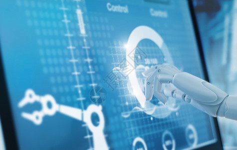 智能工厂业中的机器人手触摸和控制自动化机器人手臂机器在虚拟现实触摸屏上的监控系统软件人工智能未来技术和工业背景图片