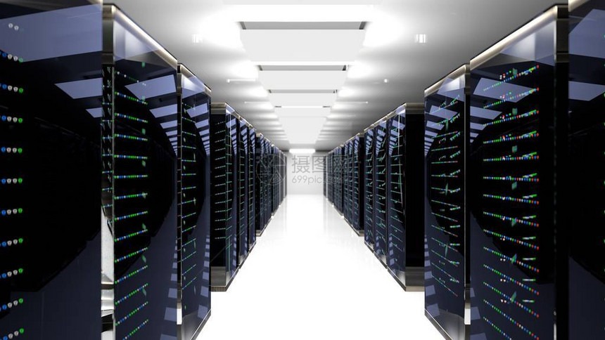 服务器机房云数据中心的服务器机架数据中心硬件集群3d渲染具有存储信息的备份托管大型机场和计算机架3D渲染图片