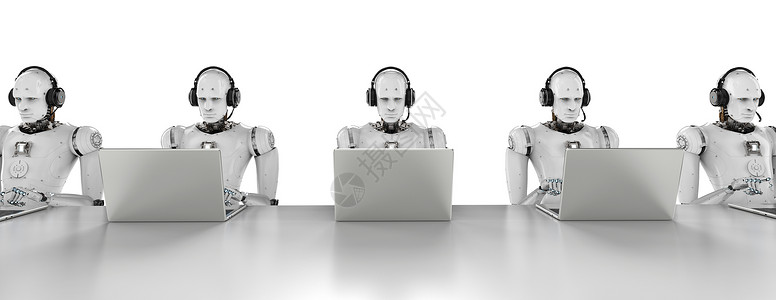 销售热线素材3d使人形机器人与耳机和笔设计图片