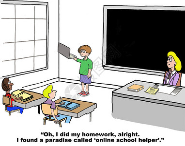 教育卡通片显示一个小男孩在课堂上举着笔记本电脑背景图片