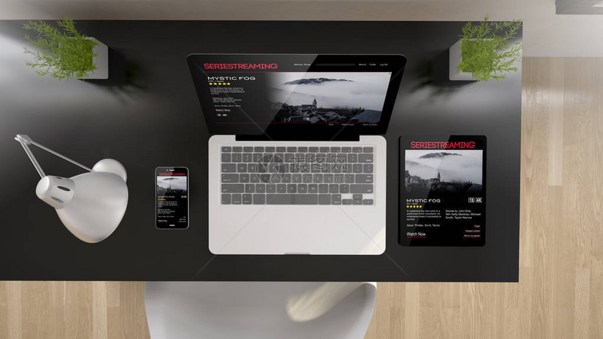 黑色办公室顶视图与网站设计响应系列在屏幕平板电脑智能手机和笔记本电脑上流式传输图片