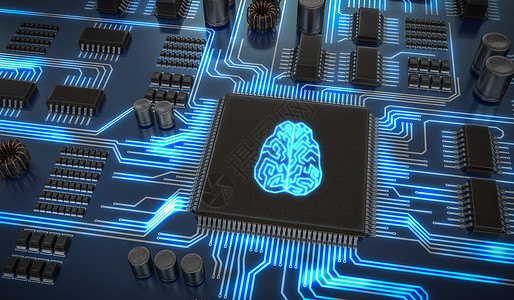 人工智能电子路带有发光大脑的微芯片背景图片