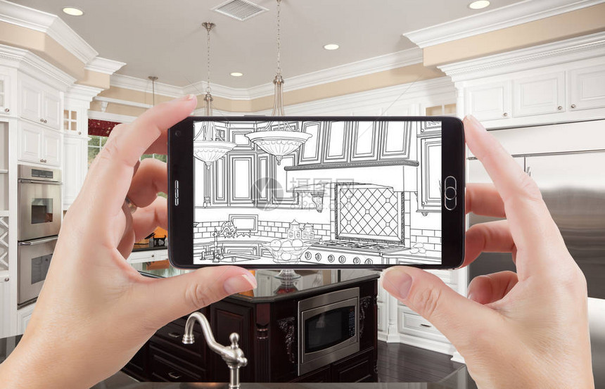 手握智能手机显示图画自定义厨房照片背后图片