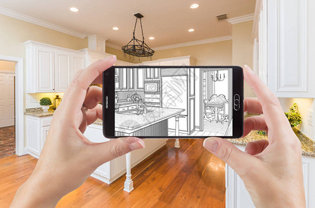手握智能手机显示图画自定义厨房照片背后图片