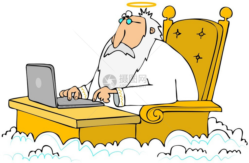 这个插图描绘了一位老天使坐在云层的桌子上用一图片