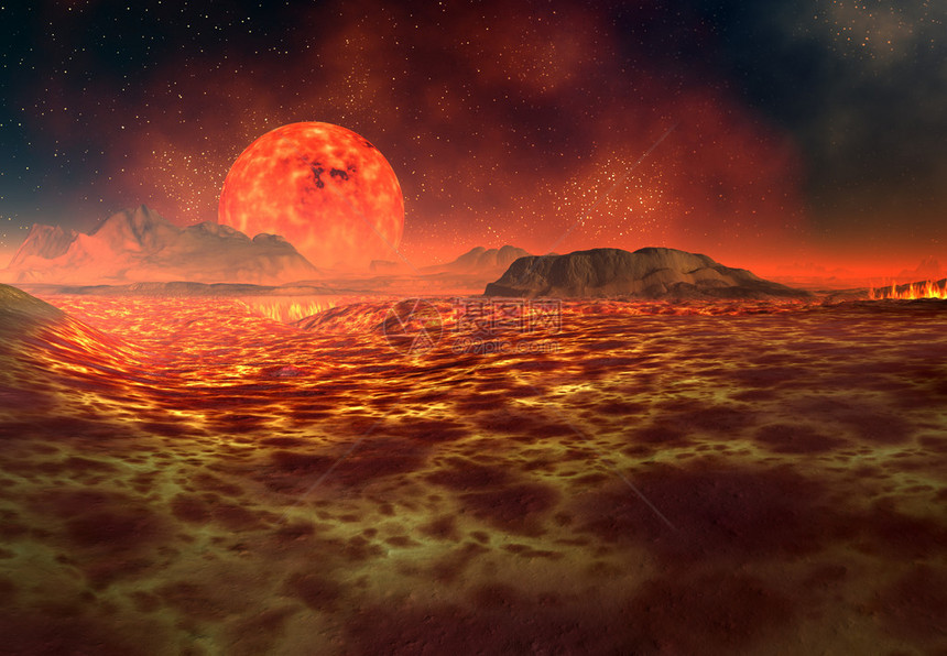 3d从一个有熔岩和太阳的外星球上图片