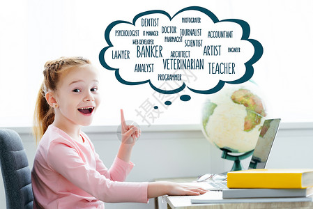 阅读书本和笔记本电脑指着不同专业在语言泡沫中的言语的红发儿童图片