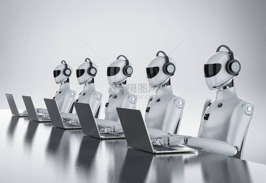 3d使人工智能半机器人或机器人与耳盔和电脑笔图片
