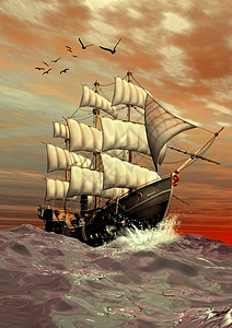 3d渲染的帆船在海洋中图片