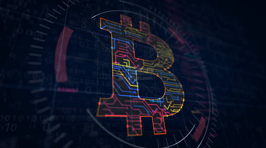 比特币符号项目创建区块链技术互联网加密货币和虚拟货币图标3d插图的抽象概念绘制未来主义理念图片