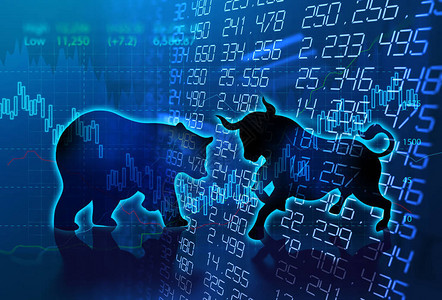 金融股市图上牛熊的剪影形式代表股市风险或图片