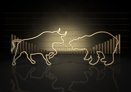 股市涨了抽象地关闭了两条金色图示描述石形公牛和代表金融市场趋势的一头熊的插画