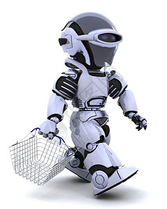 包氏合金带篮子购物的机器人的3D渲染设计图片