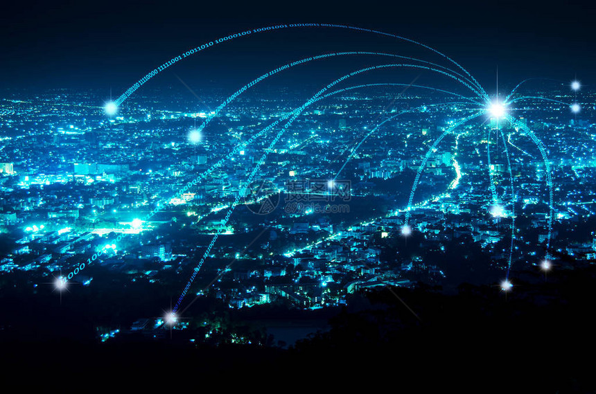 蓝色夜蓝现代城市背景的抽象数字信号连图片