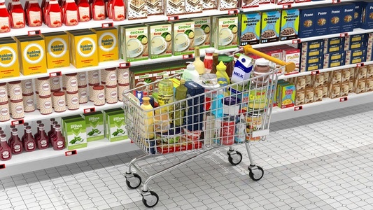 超市内部和各种产品的购物车图片