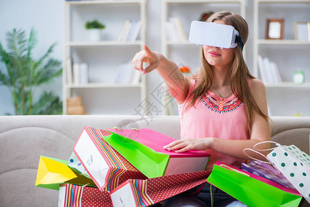 双节狂欢购年轻女用虚拟现实眼镜购背景