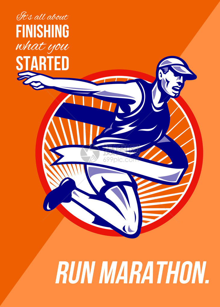 海报贺卡插图显示一名男运动员马拉松赛跑者用终点线丝带胶设置在圈内以复古风格完成图片