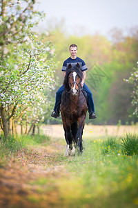 年轻人在春天骑着马在图片
