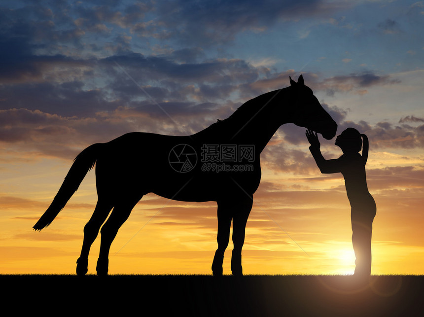 一个女孩在夕阳下亲吻马的剪影图片