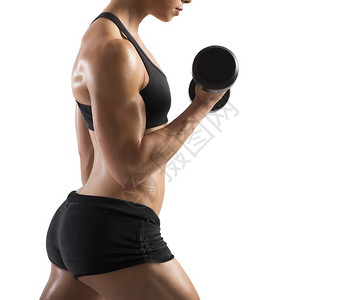 运动肌肉女用哑铃训练二头肌图片