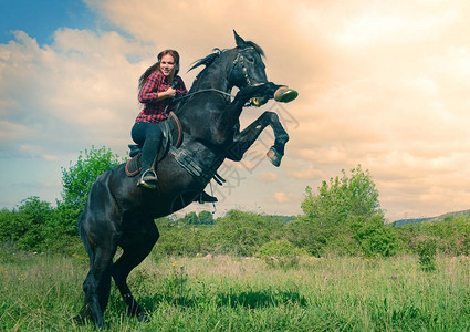 年轻的骑马女孩和她在大自然中的黑色种马背景图片