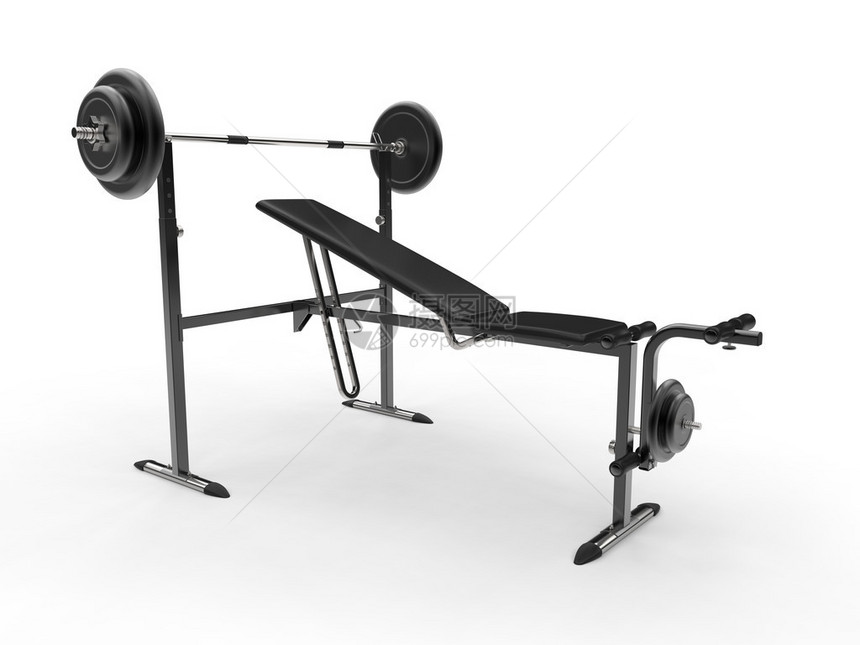 带杠铃重量和附加重量板的倾斜健身长凳图片