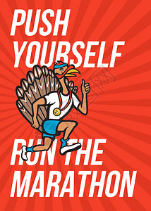 一个野火鸡跑步的木马跑腿大拇指戴着卡通风格的奖牌背景图片