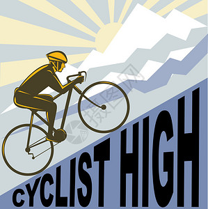 以追溯WPA风格制作的赛车自行车在陡峭山峰和云日落的背景图片