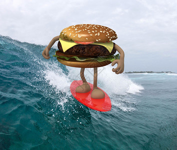 三丁包子3D插图三加汉堡的手和腿冲浪在海设计图片