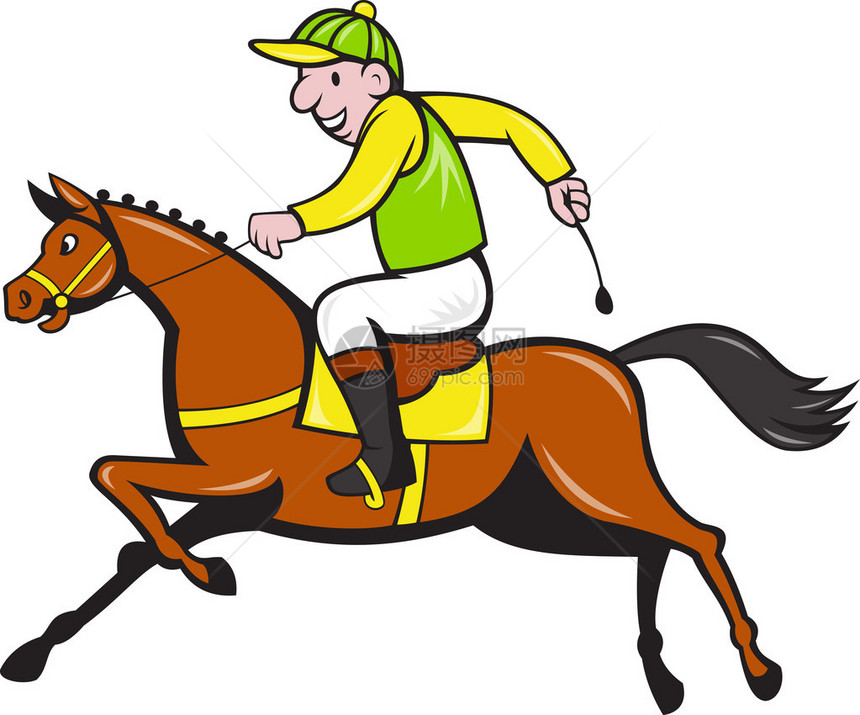 从侧面看卡通马和术骑师比赛的插图图片