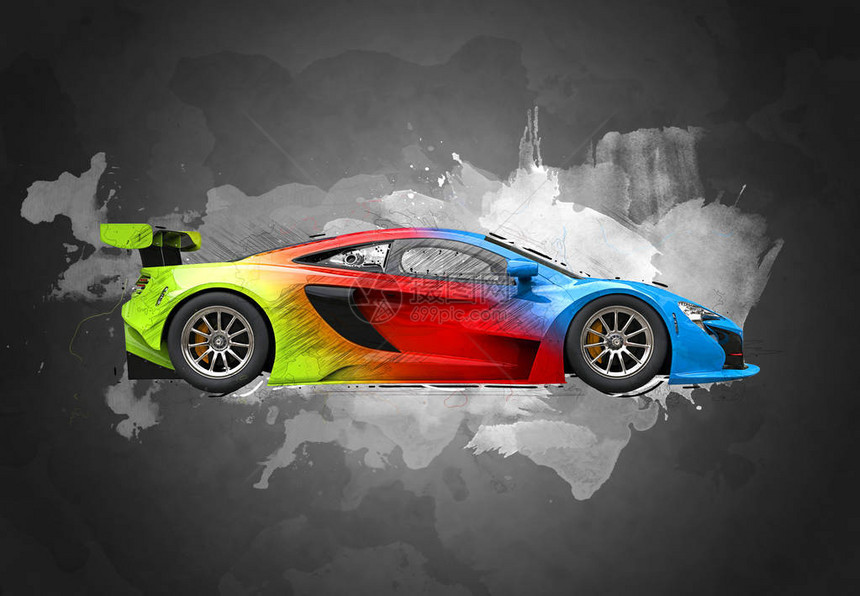多彩的现代超级赛车素描彩色飞溅插图图片