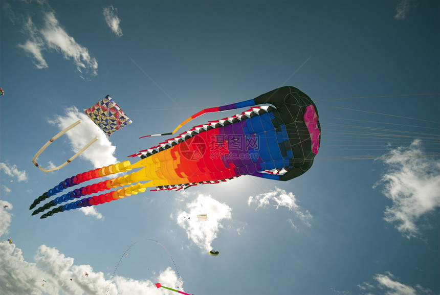 动作风筝运动蓝天上的幻想风筝在海滩上阳光明媚的一天丹麦法图片