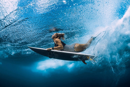 冲浪艇潜水的浮游女郎在海背景图片