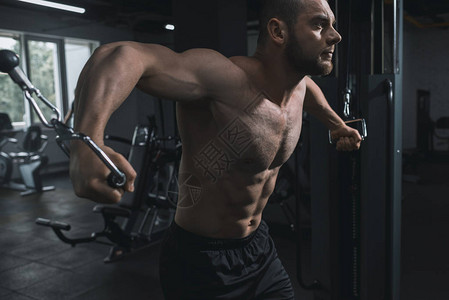 在健身房使用体育设备锻炼的肌肉集中运图片