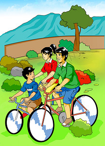 一个家庭在户外骑自行车的卡通插图图片