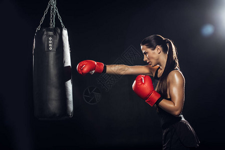 红拳中女拳击女拳手的侧视角用打拳袋背景图片