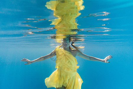在水下游泳时穿着衣服的女背景图片