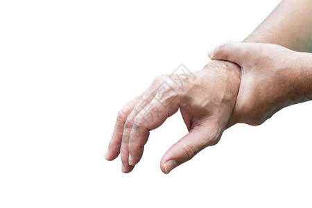 人手抓着在白色背景上被孤立的手腕上的急疼痛图片
