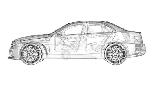 透明的超快速跑车在白色背景上划定了线条车身造型轿车调音是普通家用车的一个版本设计图片